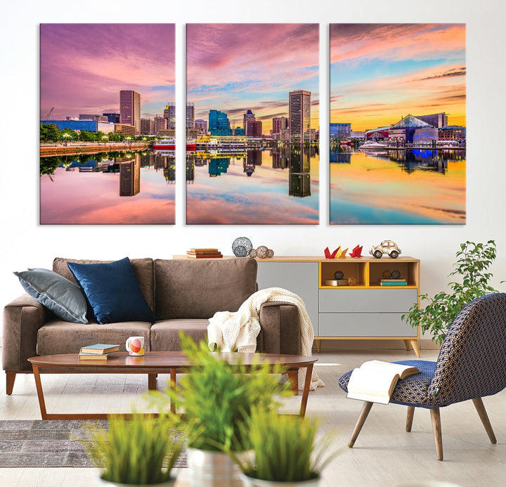 Luces de la ciudad de Baltimore Puesta de sol Horizonte rosa y naranja Vista del paisaje urbano Arte de pared grande Lienzo