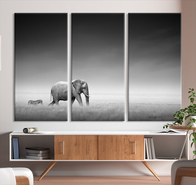 Elephand and Zebra Wall Art Canvas Print