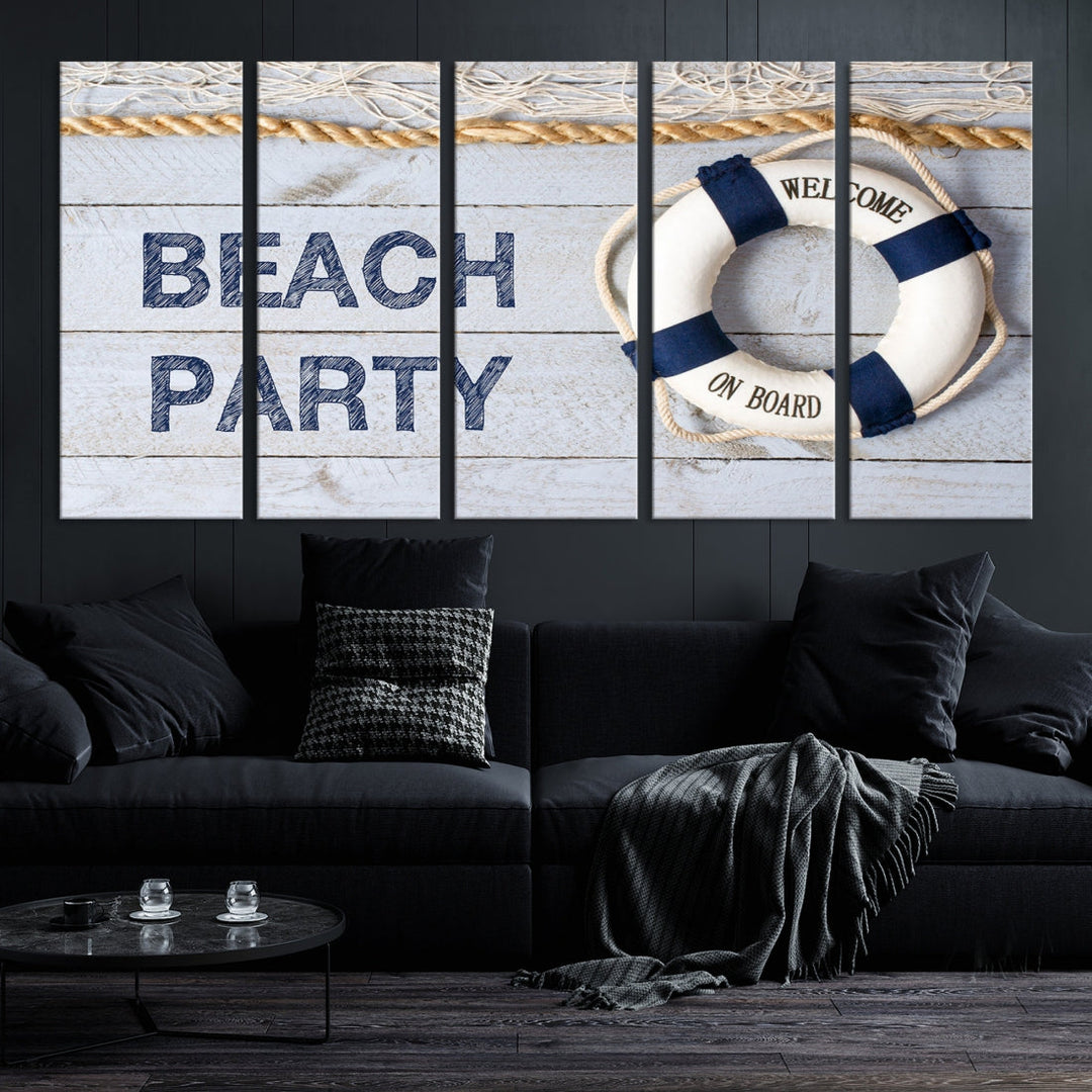 Panneau de fête sur la plage, impression sur toile, Art mural, bouée de sauvetage, Art mural de voile
