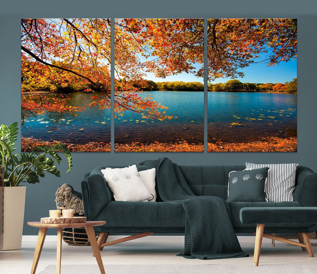 Lienzo decorativo para pared grande con diseño de árbol otoñal y lago otoñal