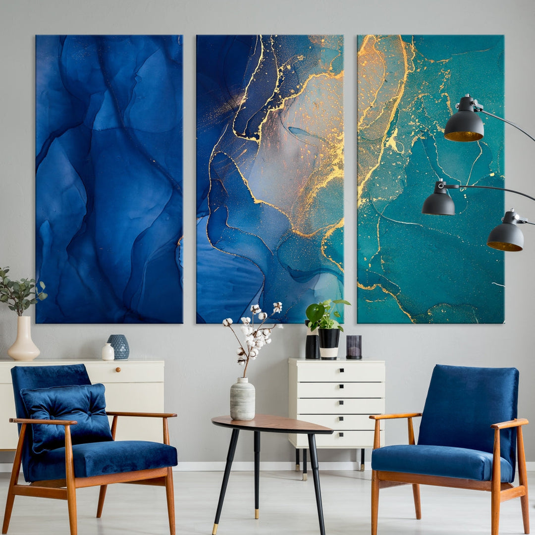 Arte de pared grande con efecto fluido de mármol azul marino y verde, lienzo abstracto moderno, impresión artística de pared