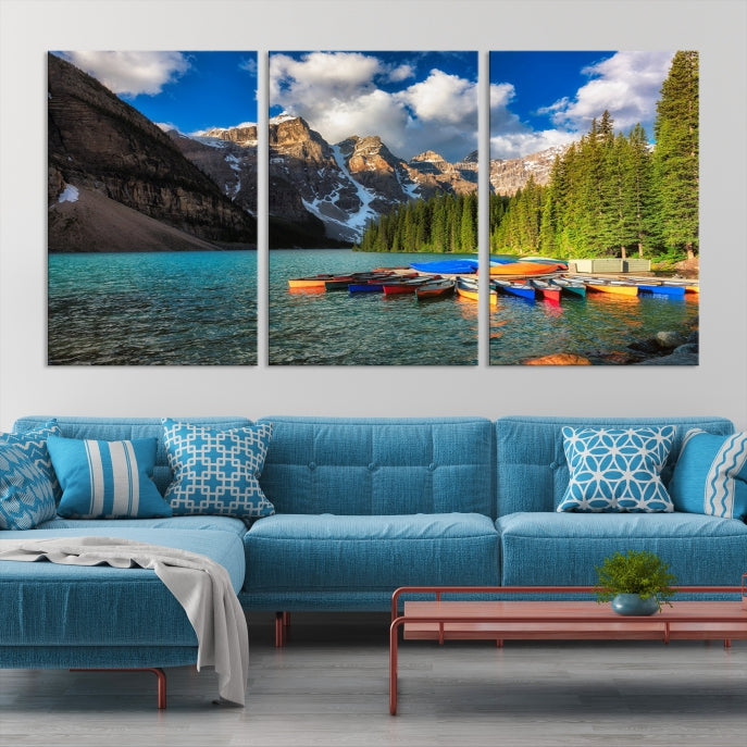 Canoës sur le lac Moraine, impression sur toile du lac Moraine, art mural du lac Moraine Canada