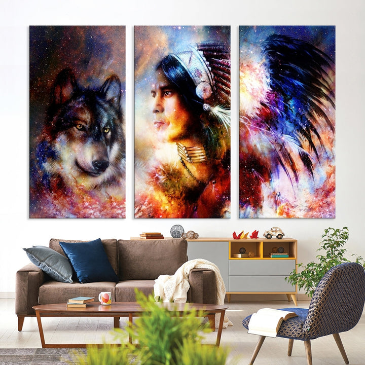 Lienzo decorativo para pared con lobo y jefe indio abstracto