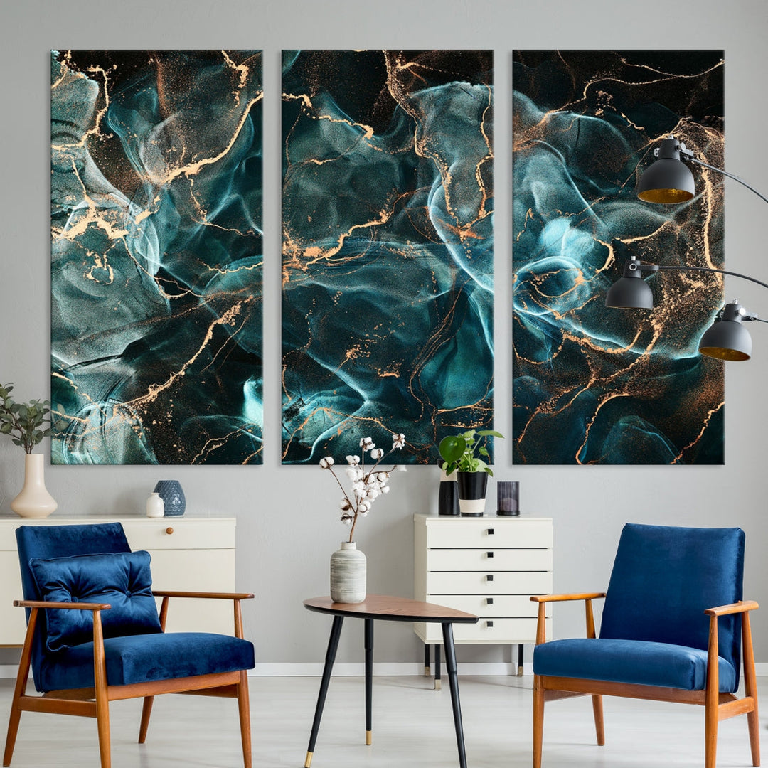 Neon Blue Marble Smokey Effect Wall Art Abstract Canvas Wall Art Print