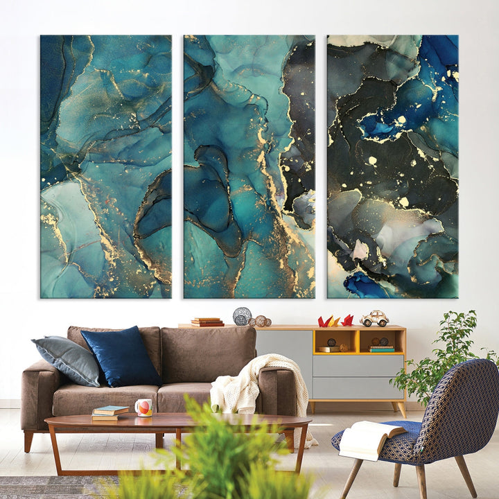 Green and Gold Marble Fluid Effect Wall Art Abstract Canvas Wall Art Print