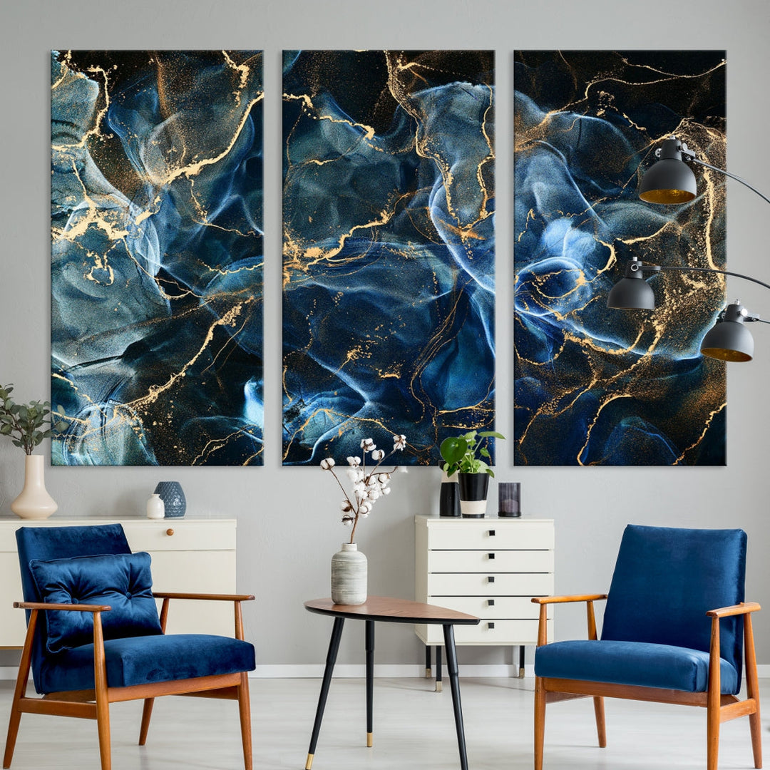 Navy Blue and Smokey Marble Fluid Effect Wall Art Abstract Canvas Wall Art Print