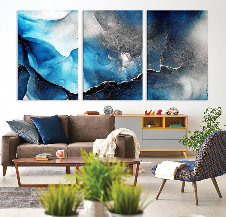 Blue and Black Marble Fluid Effect Wall Art Abstract Canvas Wall Art Print