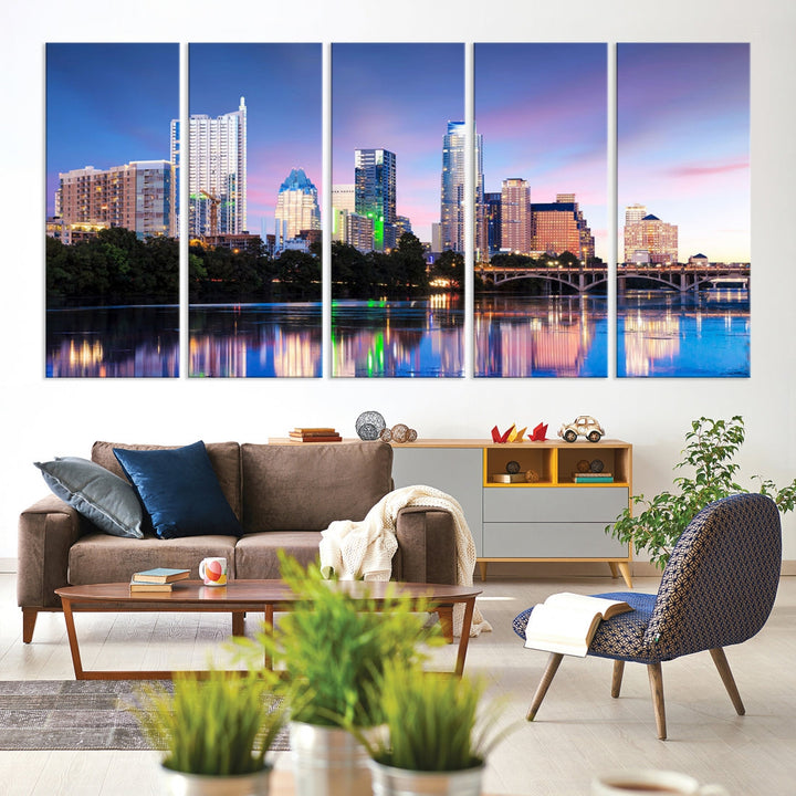 Austin City Lights Sunset Blue and Purple Skyline Cityscape View Wall Art Canvas Print