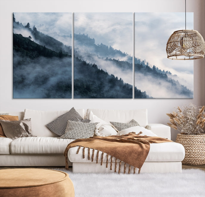 Impression sur toile d’art mural de forêt brumeuse, impression sur toile d’art mural de montagne brumeuse