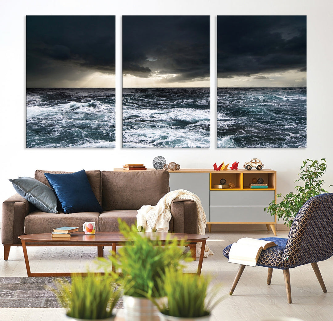 Impresión artística en lienzo grande de océano y tormenta para decoración del hogar, gran impresión lista para colgar, océano y