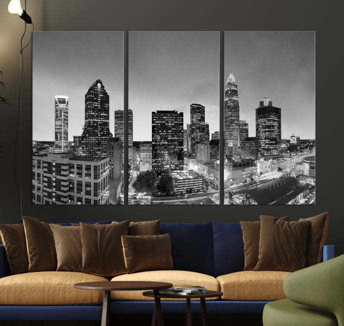 Charlotte City Cloudy Skyline Black and White Wall Art Cityscape Canvas Print