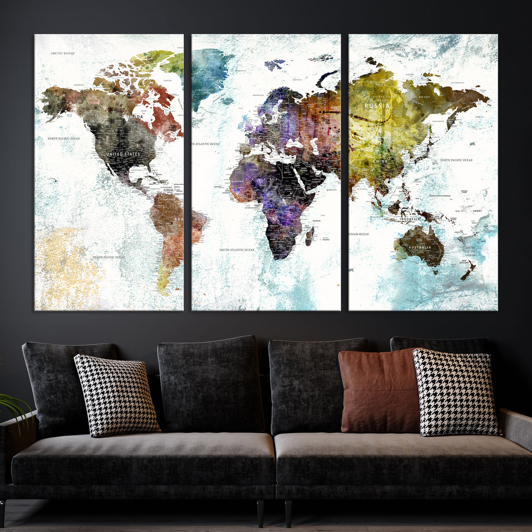 Impresión detallada de lienzo del mapa del mundo del arte de la pared grande, regalo de viaje del mapa del mundo del push pin para él