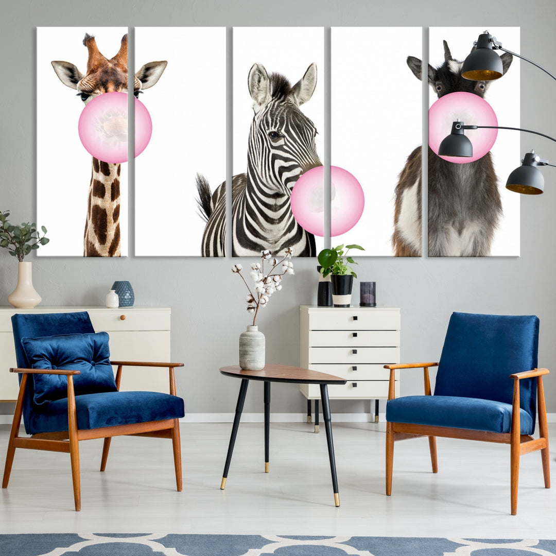 Animales divertidos, lienzo grande, arte de pared, cabra, cebra, jirafa, impresión en lienzo, animales lindos con globos para decoración de habitación de niños