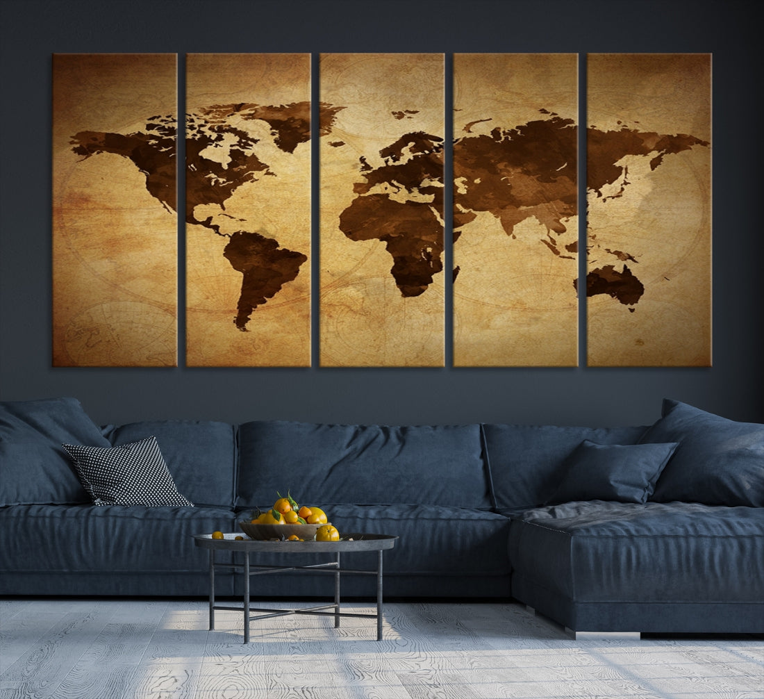 Old Style Sephia Coloured Decorative World Map Large Wall Art Canvas