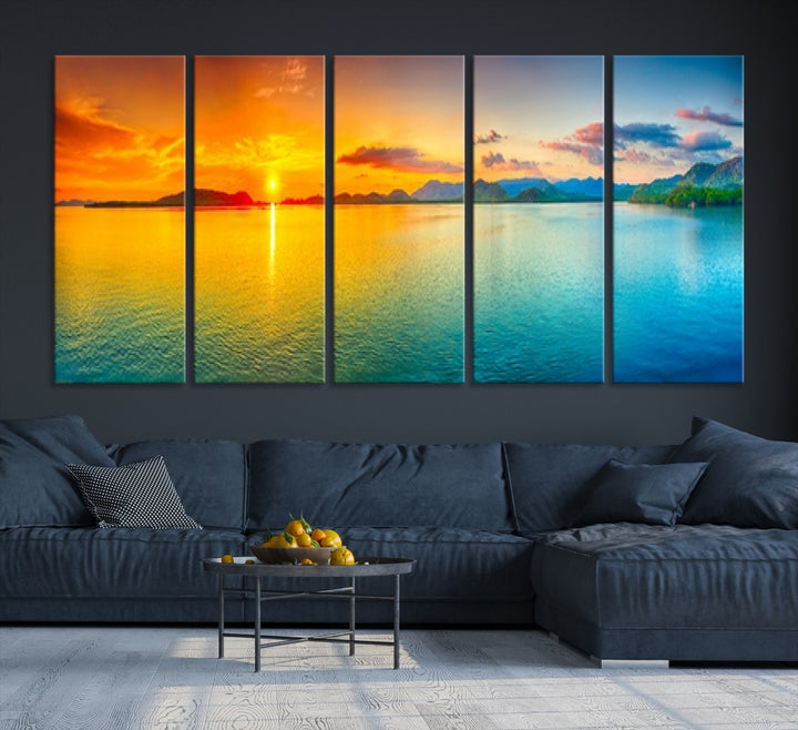 Impression sur toile d'art mural, coucher de soleil coloré sur la mer et la montagne