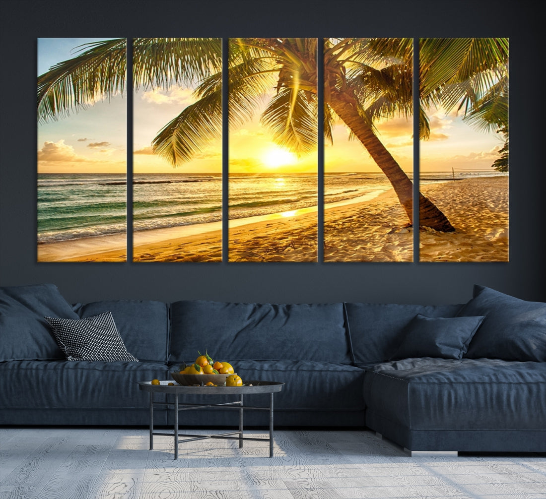 Large Wall Art Canvas Print Palm on Beach at Bright Sunset