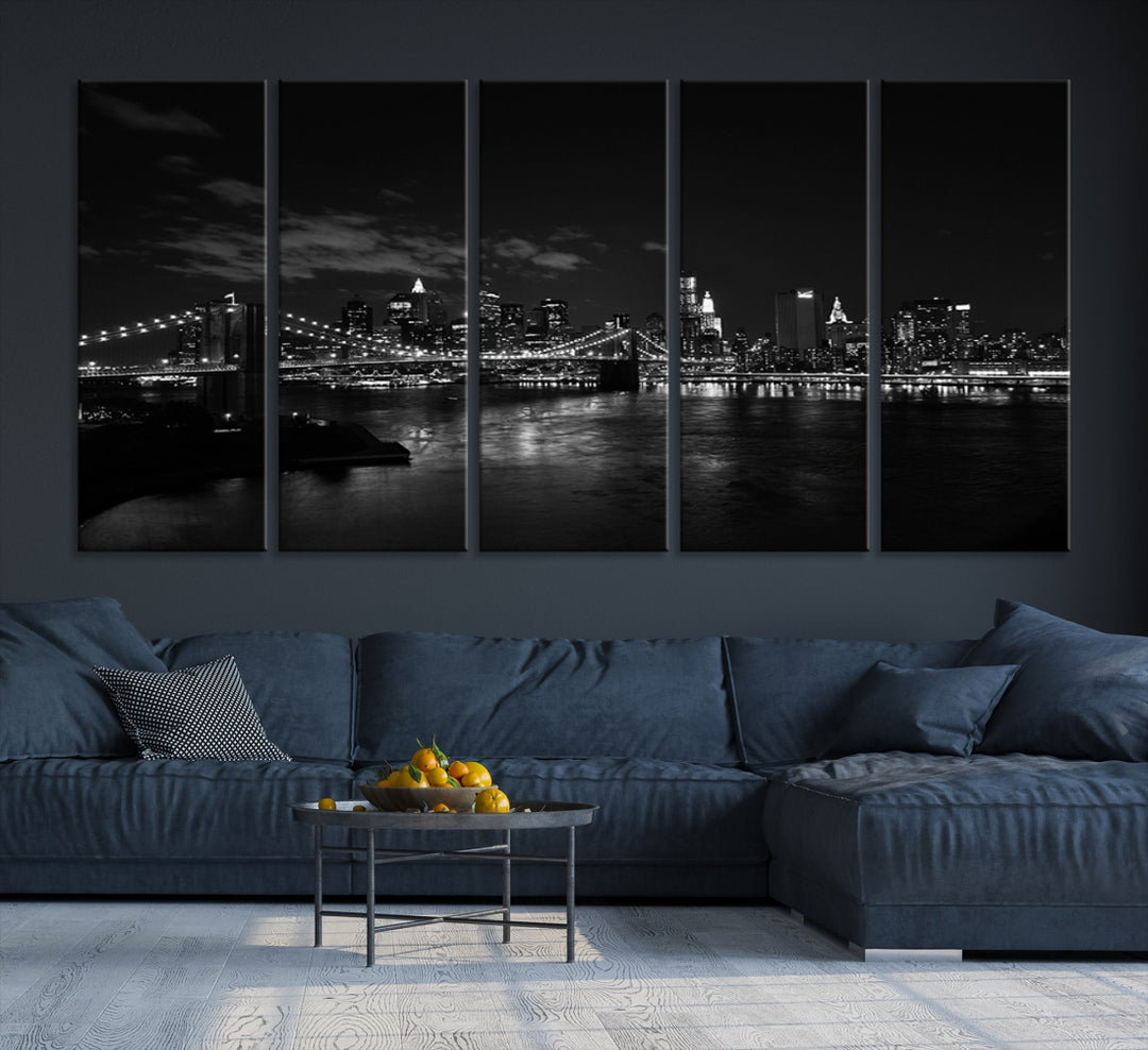 Impresiones en lienzo de NUEVA YORK de arte de pared grande - Paisaje nocturno en blanco y negro del puente de Brooklyn y Nueva York