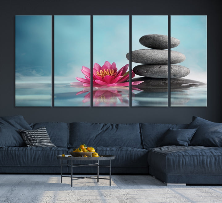 Impresión de lienzo floral de arte de pared grande: nenúfar y piedra zen en una piscina de serenidad