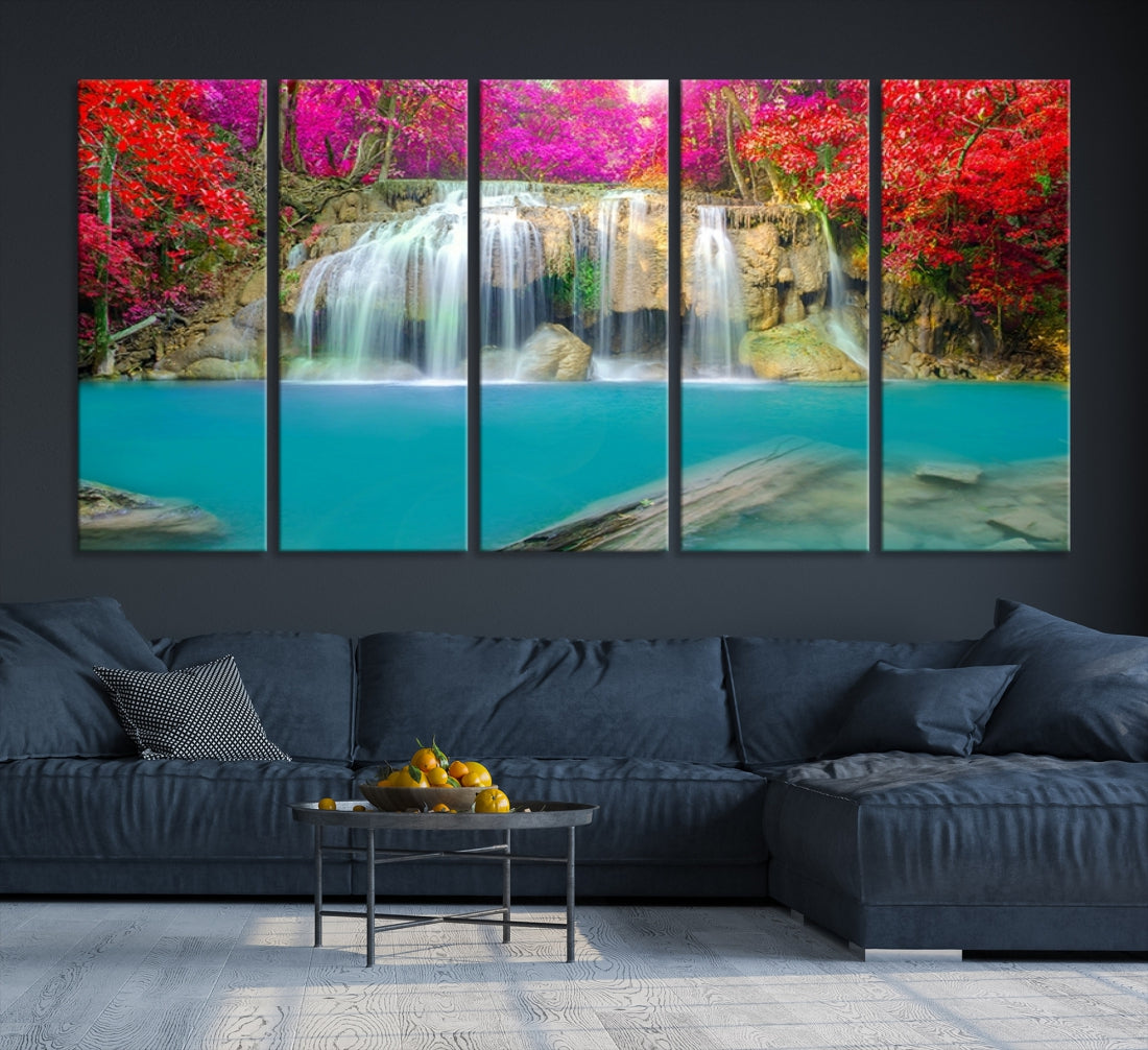 Large Wall Art Waterfall Canvas Print - Wonderful Waterfall Landscape with Pink and Red Flowers in Forest