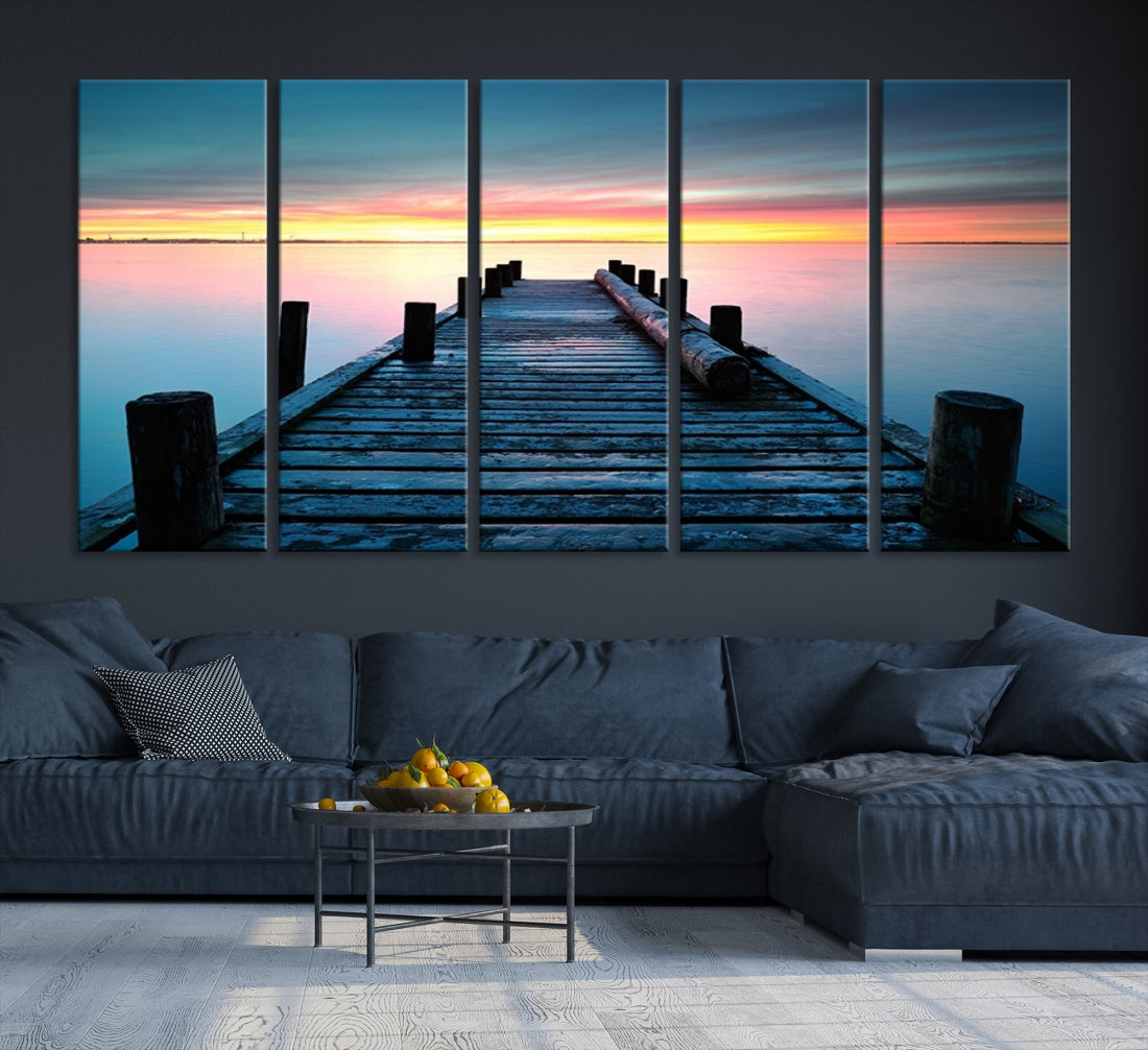 Large Wall Art Vintage Wooden Pier on Sea at Sunset Canvas Print