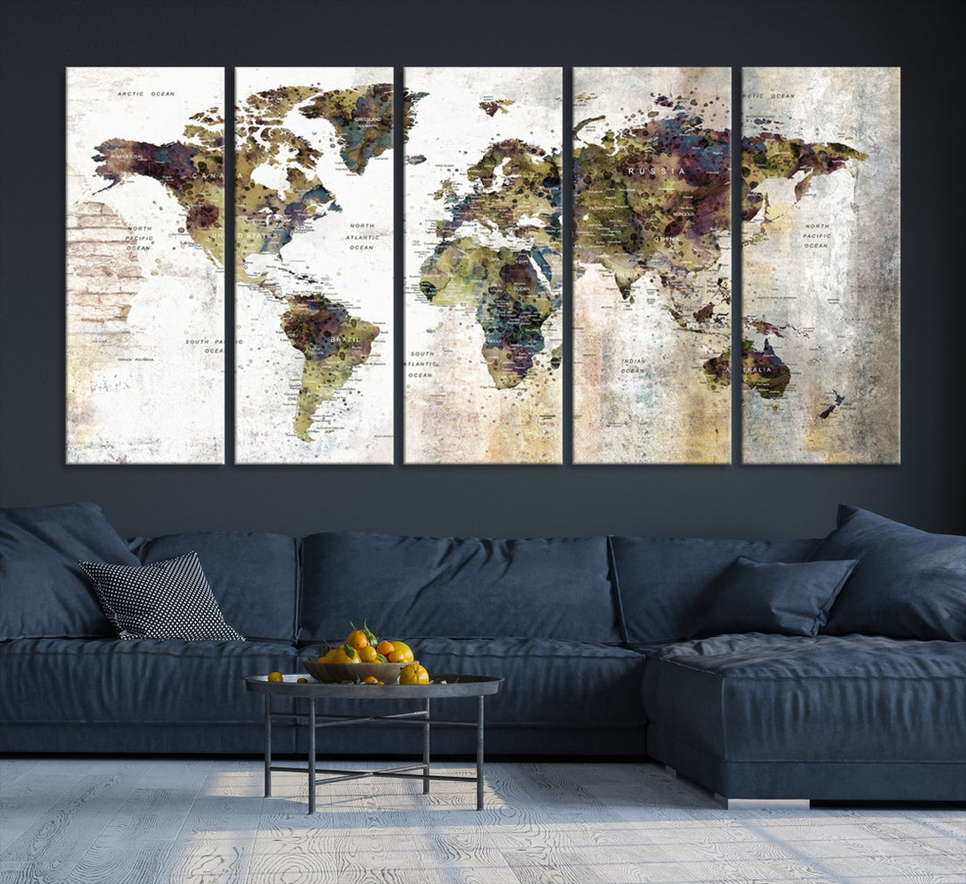 Carte du monde vintage, impression d'art mural, carte grunge sur toile, ensemble mural de galerie
