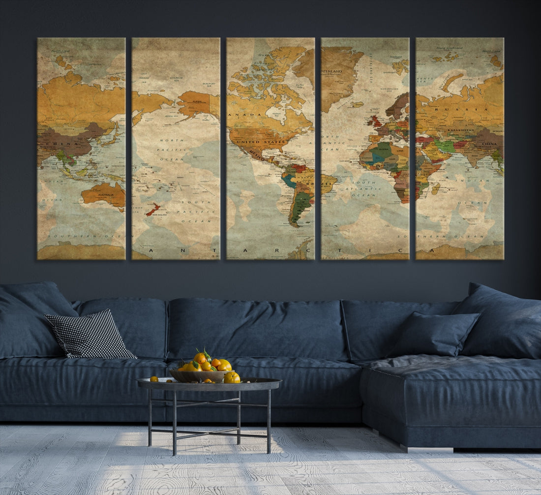 82291 - Sephia World Map Wall Art Multi Panel X-Large Canvas Print for Home Decor | Track Your Travels with This Colorful Antique Looking Map | Framed Ready to Hang by My Great Canvas