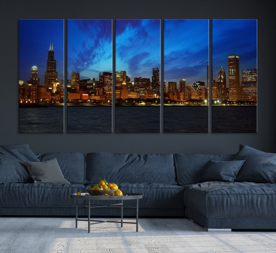 Chicago City Lights Night Blue Wall Art Canvas Print