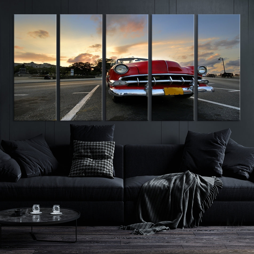 59075 - Arte de pared grande, antiguo, clásico, coche rojo en la carretera al atardecer, lienzo impreso