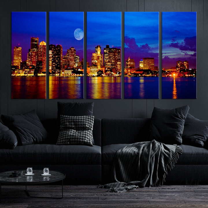 Boston City Lights Pleine Lune Nuit Bleu Skyline Cityscape View Wall Art Impression sur toile