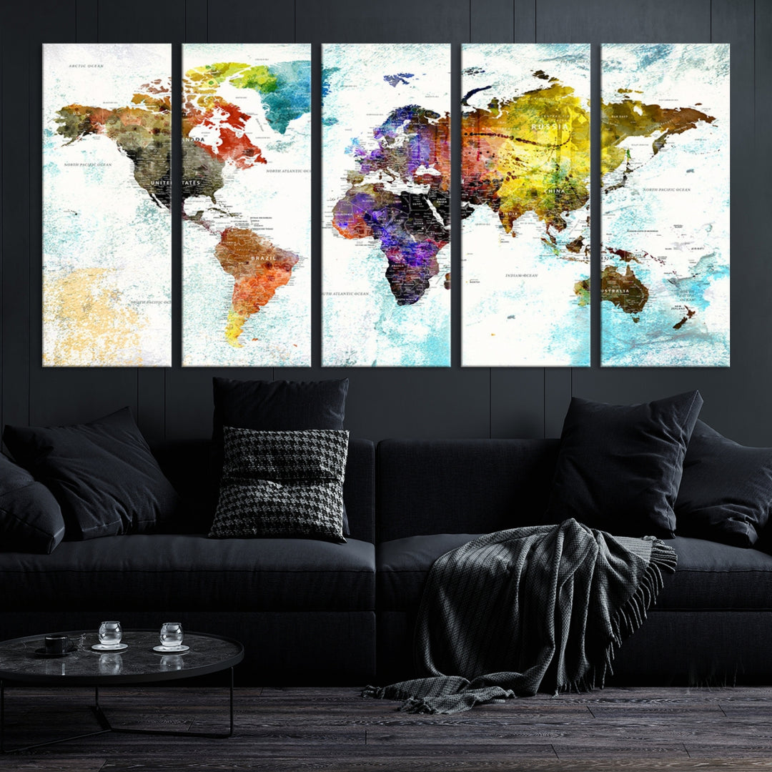 Lienzo decorativo para pared con mapa mundial grande multicolor