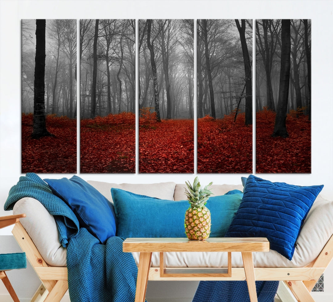 Impression sur toile de paysage d'art mural, forêt merveilleuse avec des feuilles rouges au sol
