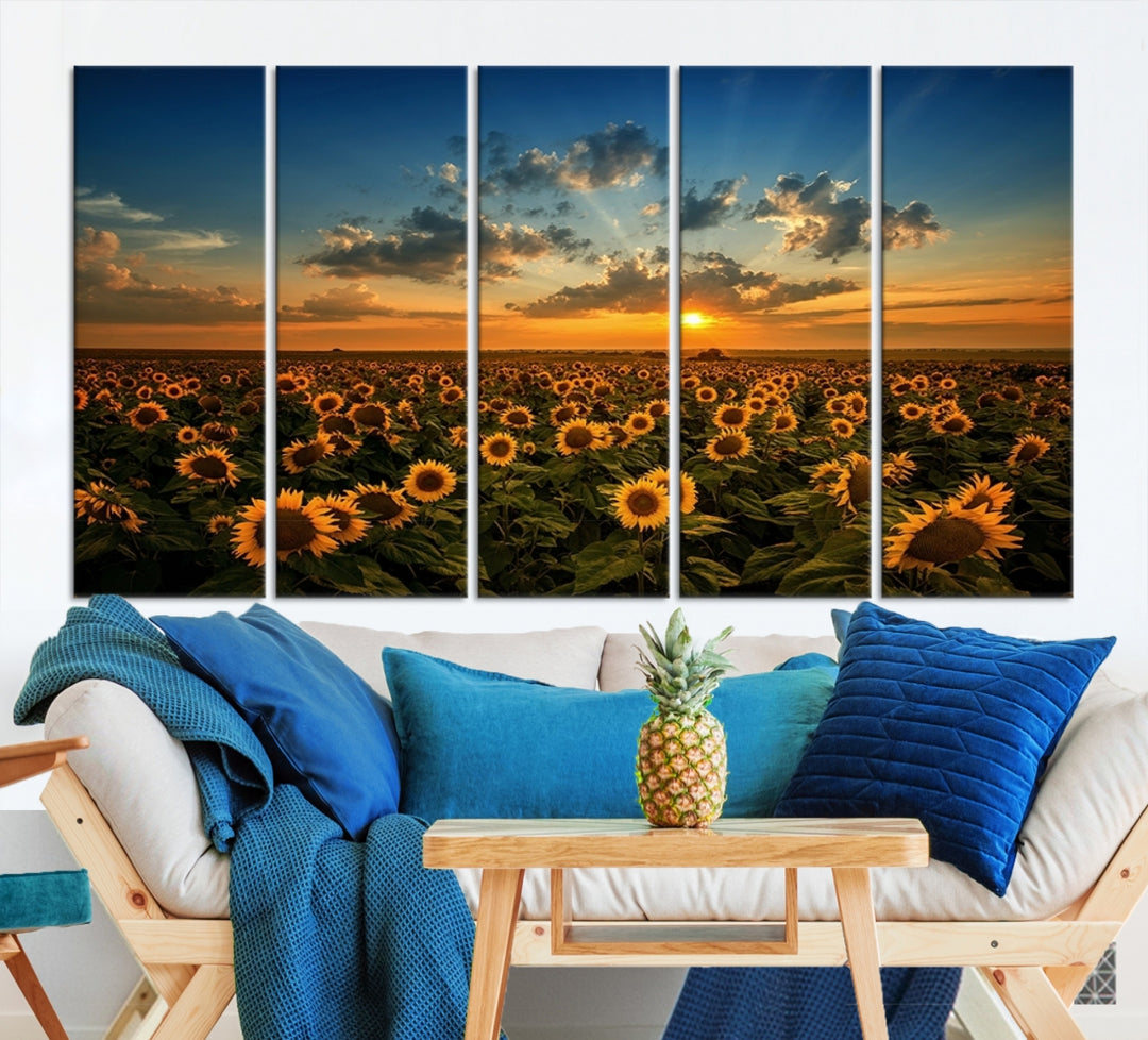 Toile d’art mural avec champ de tournesol et coucher de soleil