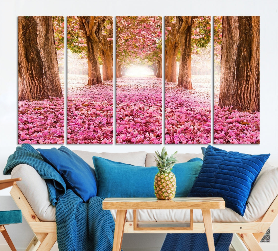 95987 - Extra Large Wall Art Blossom Cherry Canvas Print - Walking on Pink Flowers Between Trees