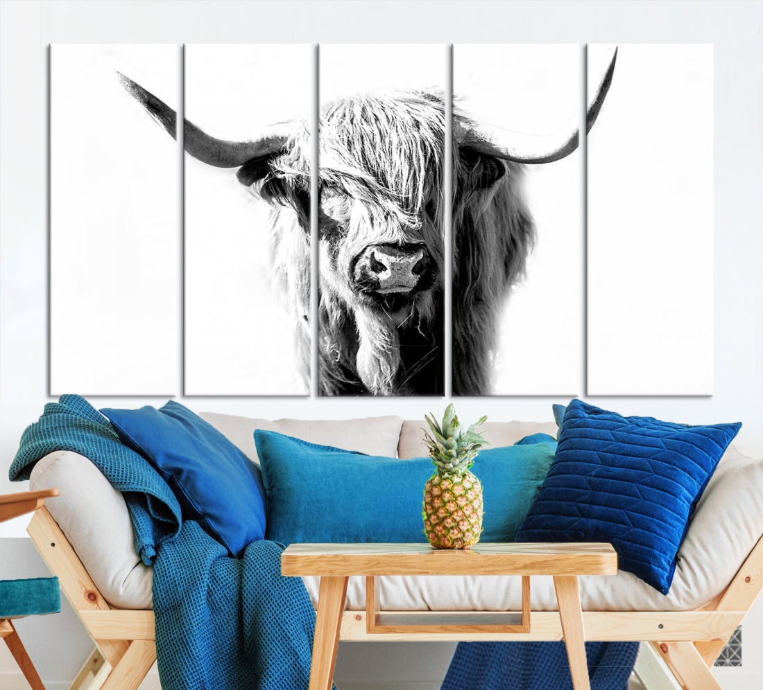 Highland Cow Extra Large Canvas Wall Art Cute Animals Art Cow Print Nature Black and White Canvas Wall Decor Framed