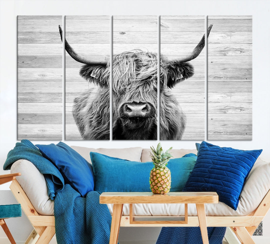 Scottish Highland Cow Cattle Art Print on Wood Background Style