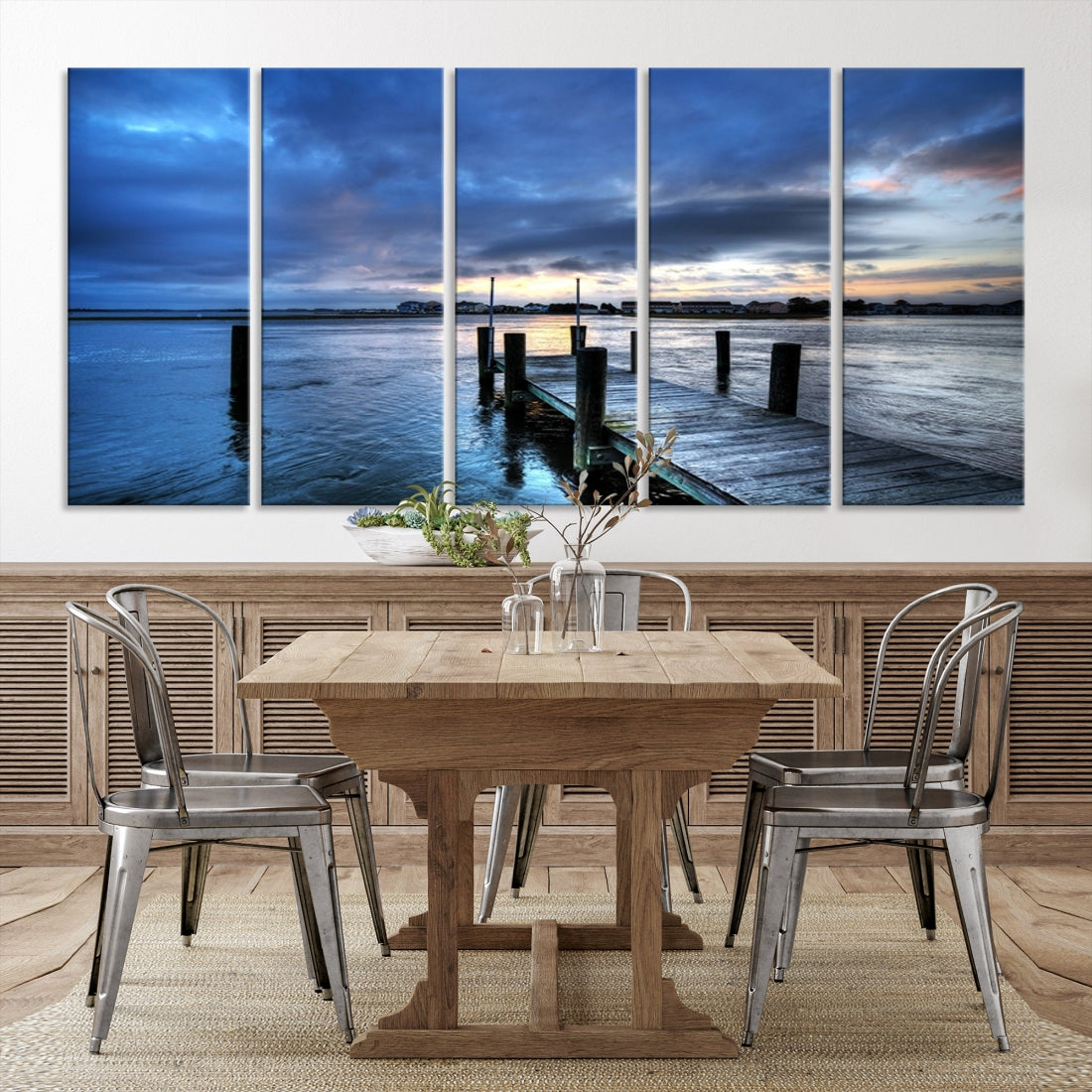 Large Wall Art Canvas Print Pier on Dark Sea with Town Behind at Sunset