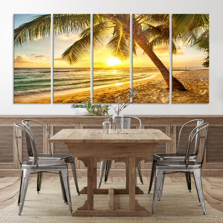 Wall Art Canvas Print Palm on Beach at Bright Sunset