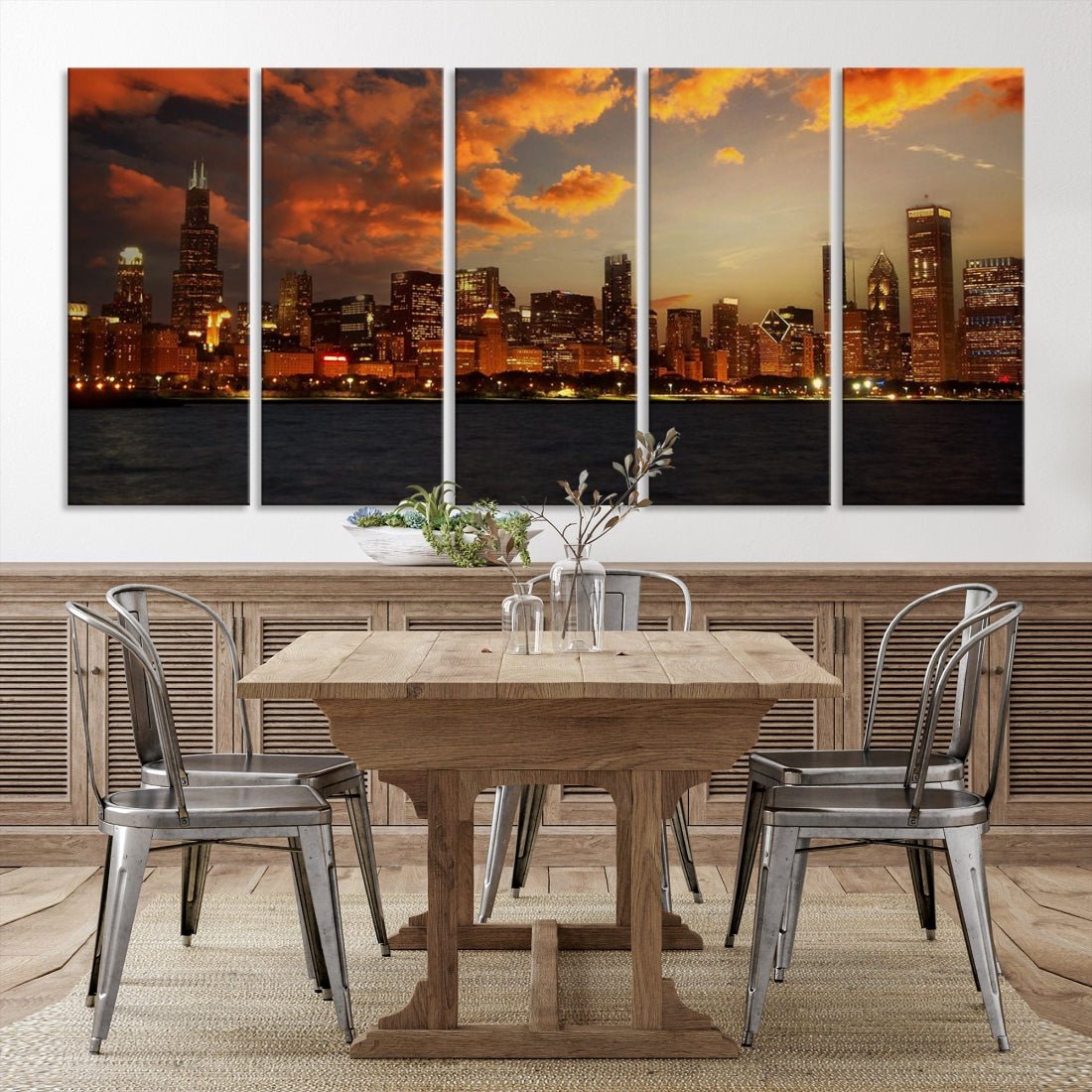 Chicago City Lights Sunset Orange Cloudy Skyline Cityscape View Large Wall Art Canvas Print