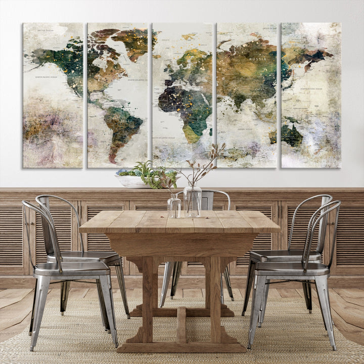 Carte du monde, impression d'art mural, carte sur toile, ensemble mural de 3 panneaux, cadeau, carte de voyage