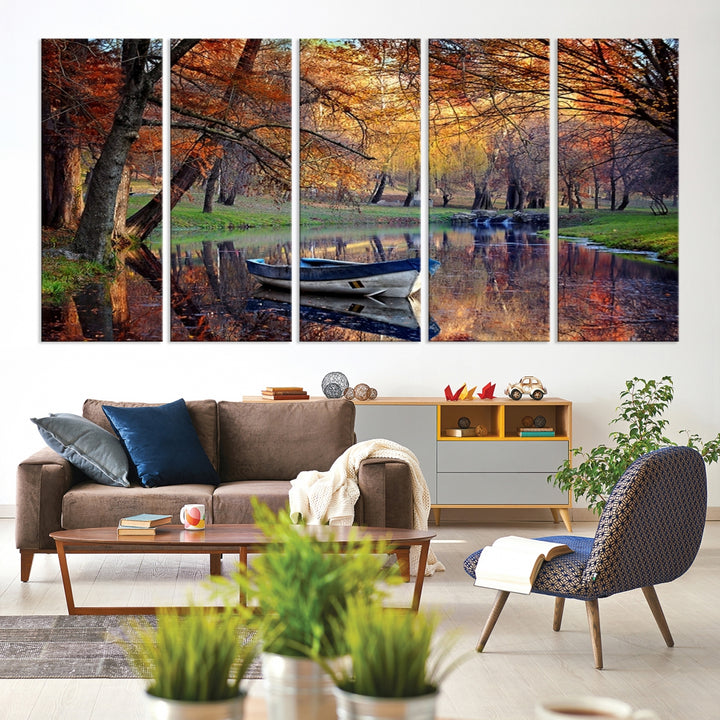 Impresión en lienzo de arte de pared extra grande, maravilloso río en paisaje forestal en paneles de arte de pared de otoño