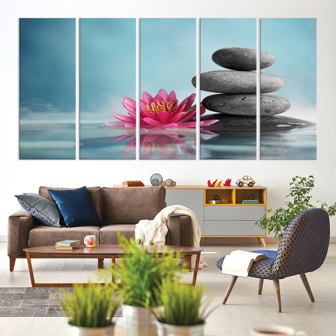 Impresión de lienzo floral de arte de pared grande: nenúfar y piedra zen en una piscina de serenidad