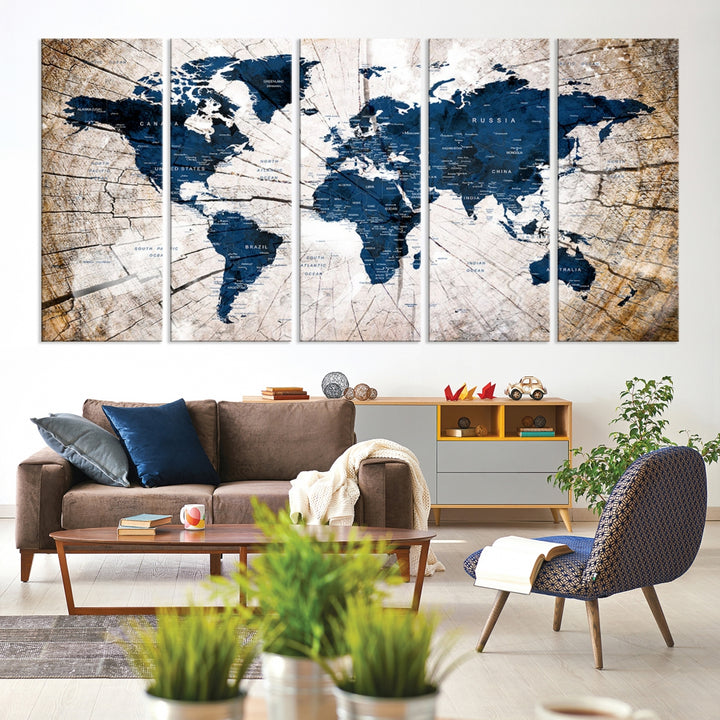 Impresión artística de pared con mapa del mundo vintage, mapa grunge sobre lienzo, juego de 3 paneles de pared, regalo para viajeros, mapa del mundo grande para sala de estar, comedor, cocina, decoración de oficina