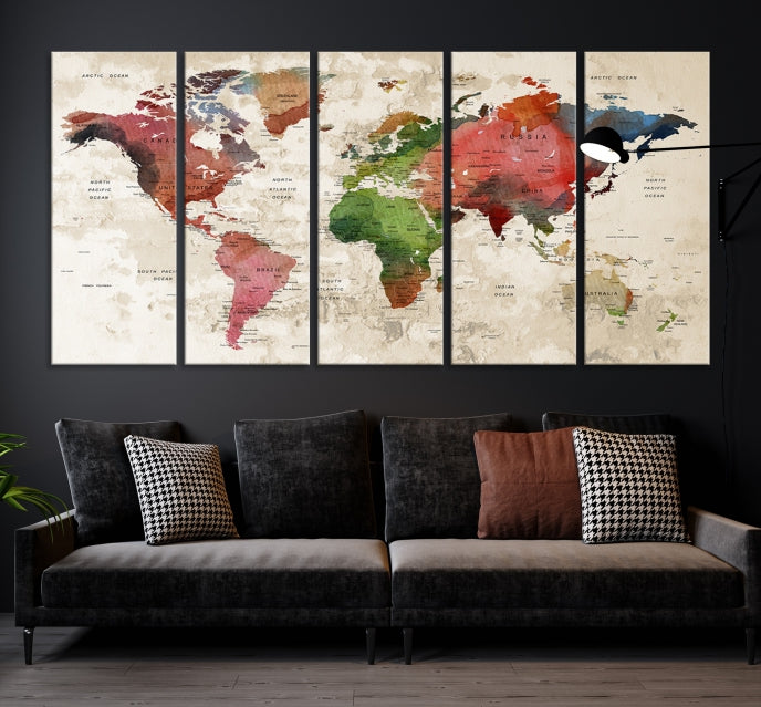 Carte du monde aquarelle Push Pin Travel Lover Wall Art Impression sur toile
