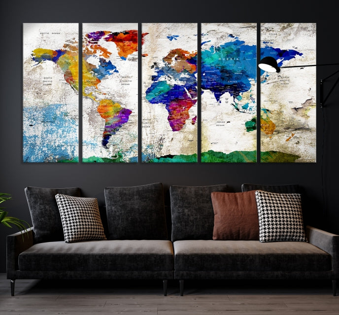 Mapa mundial de pin de empuje de arte de pared grande, pin de empuje, mapa del mundo, lienzo de arte de pared, mapa de pin de empuje, arte de pared azul marino, impresión de mapa del mundo de pushpin,
