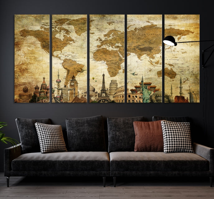 Sepia World Map Wall Art Wonder of World Canvas Print