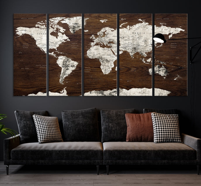 Carte du monde de couleur blanche sur fond marron, art mural, impression sur toile