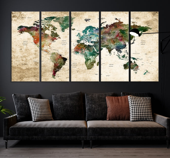 Colorful Push Pin World Map on Grunge Stained Background Canvas Print
