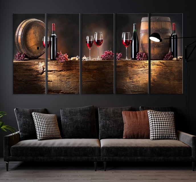 Lienzo decorativo para pared grande con vino y barriles