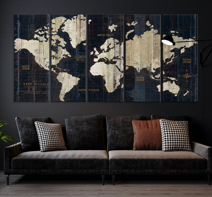 Impression sur toile d’art mural de carte du vieux monde