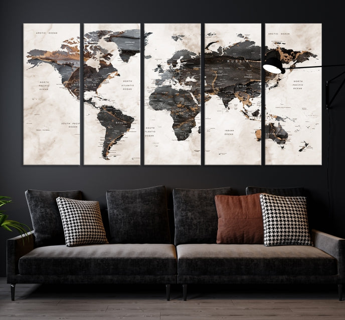 Arte de pared grande en acuarela con mapa mundial de alfiler gris Lienzo